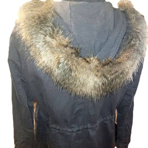 LOFT Cargo Utility Charcoal Grey Zip up & snap Removable Fur Trim Hood Petite Lg - Picture 3 of 10